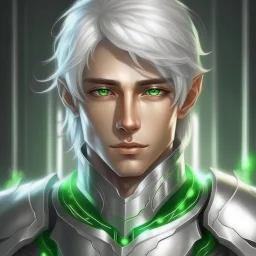 Please create an image for a young elven male with light brown skin, silver hair, and green eyes. He is accompanied by a metallic robot