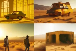 triptych, first photo a loger road across desert, second photo abandoned hotel, near road, desert places, warm colors, huge broken luminous on the roof -a huge damage abandoned car in front hotel, third photo a man discarded clothes, huge dehydrated, in the foreground, mountains behind out of focus