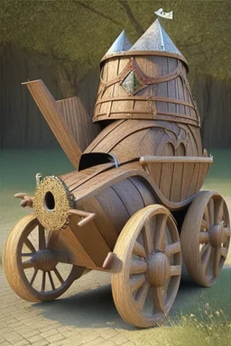 medival car with wooden wheels, driven by a knight