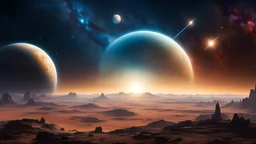 Surrounded by the vastness of space, stars sparkle like distant beacons, lending an otherworldly charm to the cosmic landscape. Planets and stars share the stage, and the occasional appearance of spaceships adds an element of futuristic wonder.