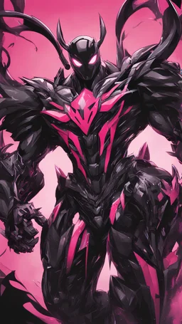 A close picture to Mix between gwenpool and symbiote, symbiote venom with transformers, high details machine, pink and black custom, intricate details, highly detailedin in solo leveling shadow art style