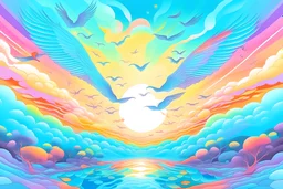 Psychedelic representation of The skies like water opening to a bright light with birds flying in the air. It uses soft and warm colors with definition between objects