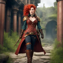 Meet her, a standing steampunk adventurer with an intricately designed brass-and-copper leather duster and fitted corset that enhances her agility and strength. With wild, copper-red hair, she navigates lush and forgotten ruins with her versatile gear, including her boots, a grappling hook and a clockwork compass that always points to adventure. [Shattered Image, Shot the texture, rewind the film for double exposition from multiple 1979 B colour movies]