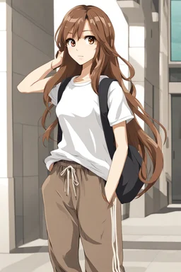 attractive anime woman with brown long hair, t-shirt and sweatpants, full body in frame,