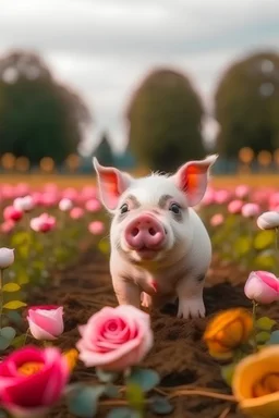 One Whole Rose cute pig is staying in the middle of field with lot of flowers.
