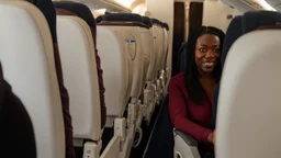 she stands next to wet sweat spot on her airplane seat