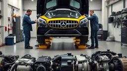 A car repair shop where two people in work clothes are repairing a black and yellow Benz CLS 550 with an eye-catching theme in a sophisticated and special repair shop where at the bottom of the image a collection of car engine parts is arranged on the floor