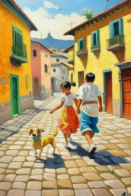 2 maxican childeren running traditional clothes painting neoclassism in a traditional mexican city from the back with dog