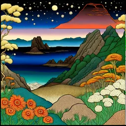 Colourful, peaceful, Hiroshige, Henri Rousseau, night sky filled with galaxies and stars, rock formations with fossils, flowers, one-line drawing, sharp focus, 8k, deep 3d field, intricate, ornate