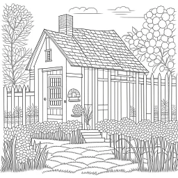 GARDEN HOUSE, Capture the essence of a peaceful garden scene, realistic, coloring page, only draw lines, coloring book, clean line art, wildlife-inspired, kid style, –no sketch, color, –ar 3:4, white background, minimalistic black lines, 8k, minimal black color, low level black colors, coloring page, use pure black and white colors, avoid thick black colors, thin black line art, avoid colors, perfect shape, perfect clear lines, clear edges,