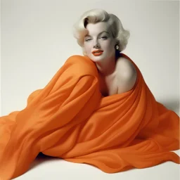 A photograph of marilyn monroe inthe style of milton greene, orange blanket, white background