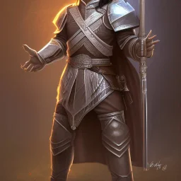 D&D character, male, long black hair, dark tan skin, artificer, holding gun, light armor, silver armor