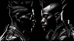 two Afro-American males facing each other in profile, confrontational stance, high-contrast black and white, deep shadows, bright rim lighting, dark studio background, punk spiked mohawk hairstyles, metallic reflective jackets, skin highlights, intricate chrome ear frames and jawline exoskeleton jewelry, biomechanical ear cuffs, sculptural contours, sharp silhouettes, cinematic low-key photography, cyberpunk aesthetic, symbolic duality, tension, dramatic
