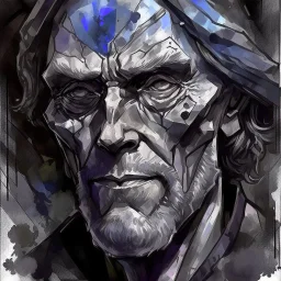 dnd, fantasy, watercolour, large strokes, stylistic, portrait, illustration, very dull black grey colours, male, face, sturdy wide face, weathered face, sly, violent, evil, smiling