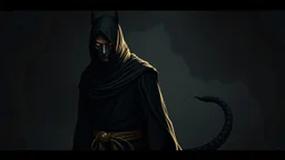 ou’re looking at someone who doesn’t just walk into shadows—they belong to them. The black robes cling like a second skin, the belt tied tight with gold thread that catches the light only when he moves. His face is wrapped, but not hidden—his eyes glow like embers, red and steady, as if he’s already seen what waits inside the cave. The tail curls behind him, not in fear, but in readiness. He doesn’t need a torch, because the darkness answers him.