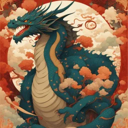 Bordered digital illustration of a Dragon Emperor by Victo Ngai. Hanafuda. High quality, masterpiece.