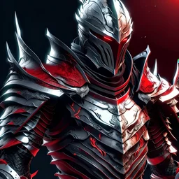 silver and crimson knight armor with glowing red eyes, and a ghostly red flowing cape, crimson trim flows throughout the armor, the helmet is fully covering the face, black and red spikes erupt from the shoulder pads, crimson hair coming out the helmet, spikes erupting from the shoulder pads and gauntlets