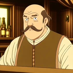 A fat balding Italian man with mustache in a medieval tavern anime