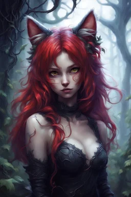 CAT GIRL, FANTASY, FORESTY, VINES, SOULLESS, FLUFFY TAIL, RED HAIR, METAL