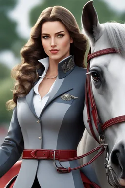 A portrait of a woman with long brown hair and red eyes wearing competitive horse riding clothes, holding the bridle of a gray horse with a black mane, modern dressage arena setting, anime style, intricately detailed, HD, 4k, trending on artstation
