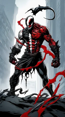 Venom symbiote with kratos red tattoos and Clothes, holding blade of choice