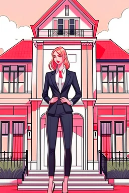 Tall, slender girl in a big house in a suit.