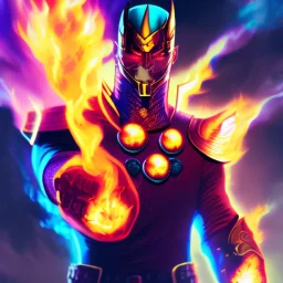 A flaming-eyed commander with flaming light blue pupils stands atop a squire Two infinity gauntlets contain six infinity stones, one of which is made with nano In the hands of a powerful man walking