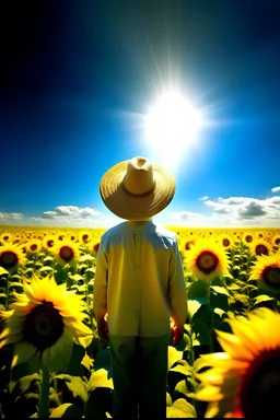 "روز آفتابی در مزرعه‌ای از گل‌های آفتابگردان طلایی. آسمان آبی و ابرهای سفید. در مرکز، ترسناک با لباس‌های روستایی و کلاه کاهی و لبخند دوستانه. ترسناک گویی آغوش به جمال اطراف خود گشوده، در صحنه‌ای آرام که جلوه‌ای از زیبایی تابستان است."