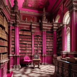 A magenta castle with a library designed in Mayan architecture painted by Michelangelo di Lodovico Buonarroti Simoni