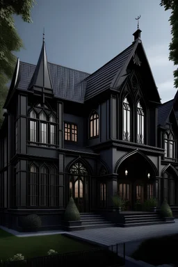 Design the exterior of a house with a lot of high windows and modern with a dark color theme in Gothic style