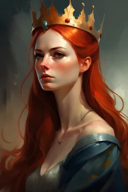 Painting of serious readhead young fantasy queen woman with her kingdom