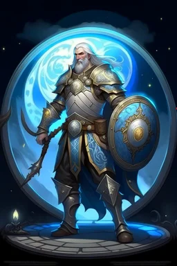 Please create an image for a 30-year old aasimar male with silver hair and a short, square beard and blue eyes but no explicit celestial features. He is a cleric, and standing outside in the moonlight wearing plate armor and wielding a shield and a warhammer. His equipment carries motifs of the crescent moon