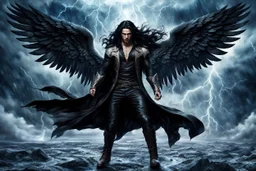 floating Badass fallen angel, attractive man with long black hair, dark leather cloth, boots, high quality, detailed, cinematic. digital art, fantasy, sci-fi, storm, masterpiece