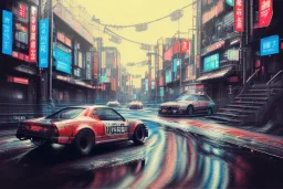 ultra realistic pop-art illustration and highly detailed digital painting of illegal street drifting, inside a vibrant japan city, underground jdm scene, d1 grand prix, nissan, mitsubishi, neon, secret location, toyota, honda, subaru, highly detailed, smooth, cinematic, high contrast, realistic shaded volumetric lighting, 8k, after the rain, reflective ground, octane render, smoke, hyperrealistic, vitality japanese colours, uhd, motion blur, concept art by sam curry