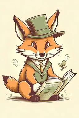 A cute fox wearing a vintage hat and reading a mystery book