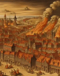 An orange colored western town engulfed in smoke designed in Heidrun manuscripts painted by Lucas van Leyden