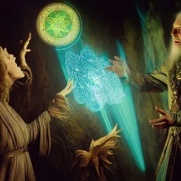 Cleric casting a magic spell, projecting hologram, 8k resolution, high-quality, fine-detail, iridescent, intricate, detailed matte, volumetric lighting, illustration, brian froud, howard lyon, selina french, anna dittmann, annie stokes, lisa parker, greg rutowski, frank miller, tim burton