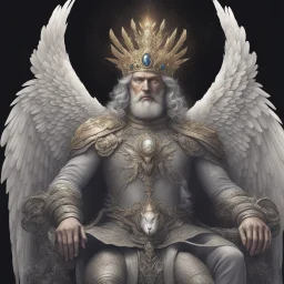 God-like man with infinite power who owns the galaxies and wears a beautiful crown, a jewel of diamonds and galaxies with weapons riding on a creature with an eagle head and eagle wings and eagle hands