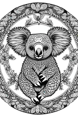 mandala koala on a tree: black and white with background white