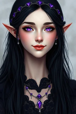 Portrait of a beautiful young adult witch with black long and loose hair and purple eyes and her clothes are black with lots of lace. She wears a necklace that glows purple and a fine head chain that is decorated with purple gemstones. She has pale skin. She is not wearing a hat. She has a middle parting. Her face is a bit more tender and narrow. she has silver earrings. She has diamond shaped pupils. she smiles. She has small elf ears. her eyes are doll like.