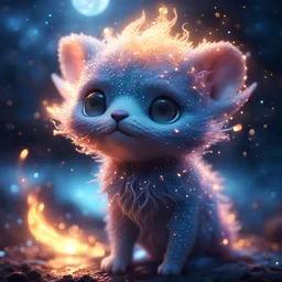 epic close up of a cute ethereal creature in the moonlight, cool frontal illumination, fire and water particles in the air, digital painting, sharp focus, high contrast, bright vibrant colors, cinematic masterpiece, shallow depth of field, bokeh, sparks, glitter, 16k resolution, photorealistic, intricate details, dramatic natural lighting
