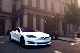 A Tesla 'Model S' is going at a high speed, near the building of the 'Friends' series in New York. (CINEMATIC, WIDE ANGLE LENS, PHOTO REAL)