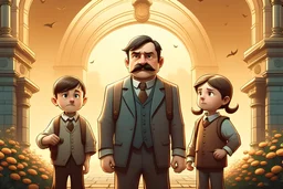 an angry man with a mustache behind whom there are children scolds a fat man in a suit