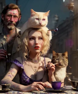 Ultra realistic afternoon photo, happy couple, blonde Alice woman and purple cat smoking a pipe, circus blue dress style, black headband with bow, old school body tattoo, smoke, marihuana garden, glow eyes, perfect iris, soft color, highly detailed, unreal engine 5, ray tracing, RTX, lumen lighting, ultra detail, volumetric lighting, high definition.