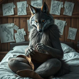 an anthropomorphic wolf woman hybrid with dark brown eyes full furry on her body sitting in the middle of a bed with a sewing needle and thread in her paw sewing a wide material belt, around her in the background are some paper with sketchy line kind drawings from monster on the walls of the wooden house, high realistic, detailed, cinematic, sci-fi, digital art, dark fantasy mood