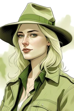 illustration of beautiful woman, pale skin, green eyes, shoulder-length blonde hair, black cowboy hat, olive jacket