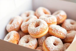 a box of fresh old-fashioned mini doughnuts completely covered in powdered sugar