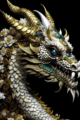 Beautiful white and Golden japanese Dragon animal portrait, extremely textured skin and bioluminescense scales ribbed with black zafír pearls and opal and onix mineral stone ad siny black diamonds embossed floral metallic etherial shamanism goth wings, adorned with filigree gothica black shiny skin and scales and skin ae bioluminescense decadent médiával style white and Golden embossed floral filigree Dragon wings colour gradient shiny onix dark decadent gothica style with Golden filigree organi