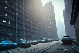 new york slums, apartment building , rundown, realistic, unity engine, bloom,cinematic lighting,blue tone, octane render.