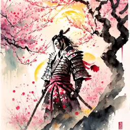 Chinese watercolor on silk painting, fantastical Lovecraftian Samuri warrior in a zen cherry blossom garden, dynamic composition, large sun in background, natural lighting, spring colors, complex contrast, vertical Chinese calligraphy, epic masterpiece